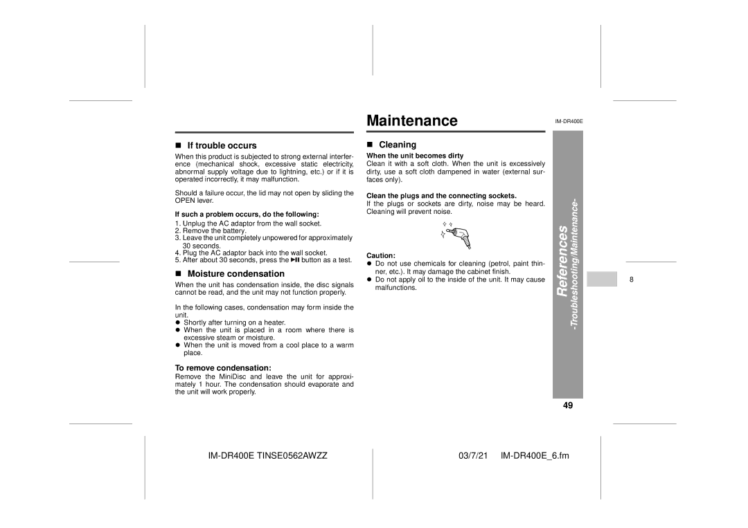 Sharp IM-DR400E operation manual If trouble occurs, Moisture condensation, Cleaning, Troubleshooting/Maintenance 