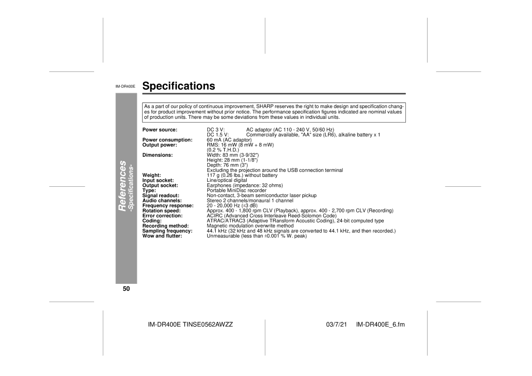 Sharp IM-DR400E operation manual Specifications 