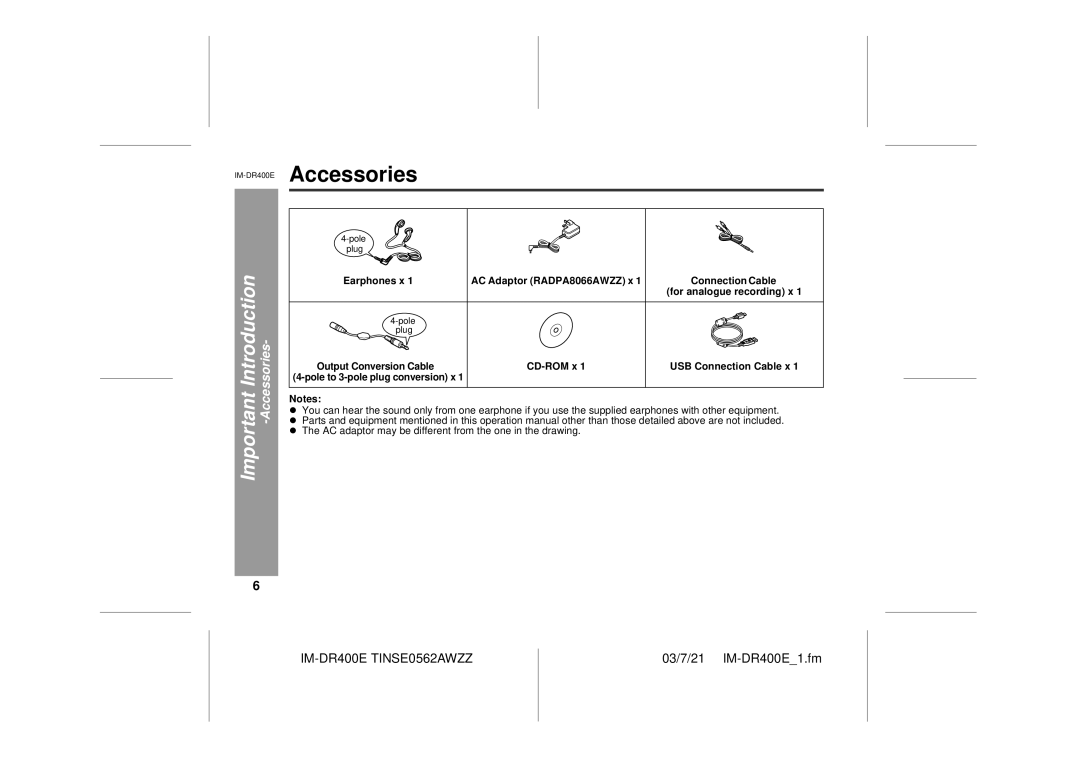 Sharp IM-DR400E operation manual Accessories, Earphones x, CD-ROM x 