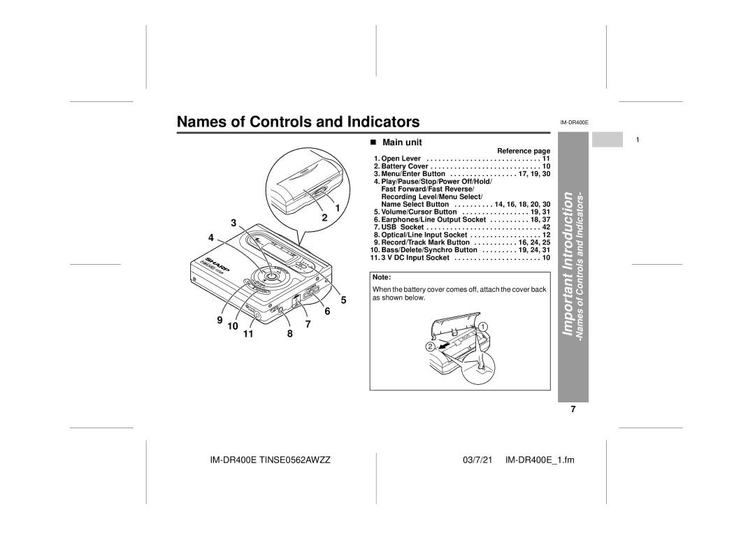 Sharp IM-DR400E operation manual Main unit, Important Introduction -Names of Controls and Indicators 