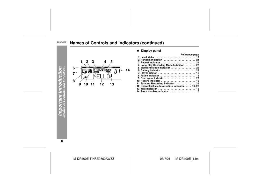 Sharp IM-DR400E operation manual Display panel, Reference, TOC Indicator Track Number Indicator 