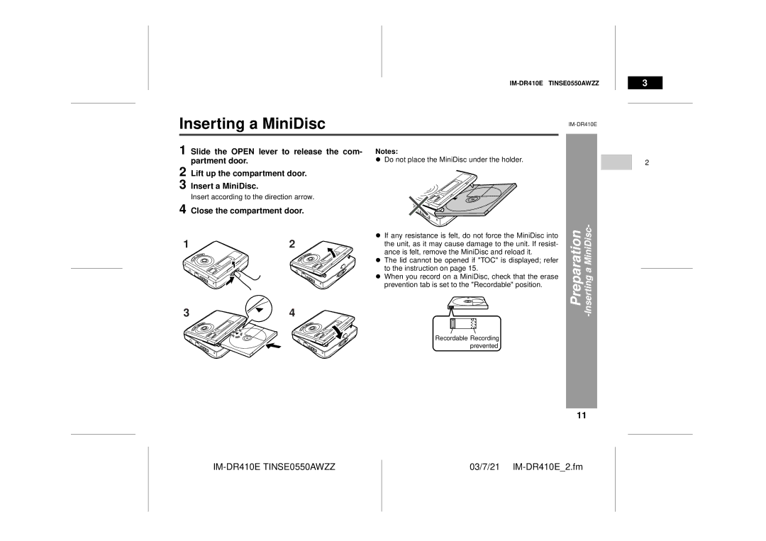 Sharp IM-DR410E operation manual Inserting a MiniDisc, Insertinga MiniDisc, Close the compartment door 