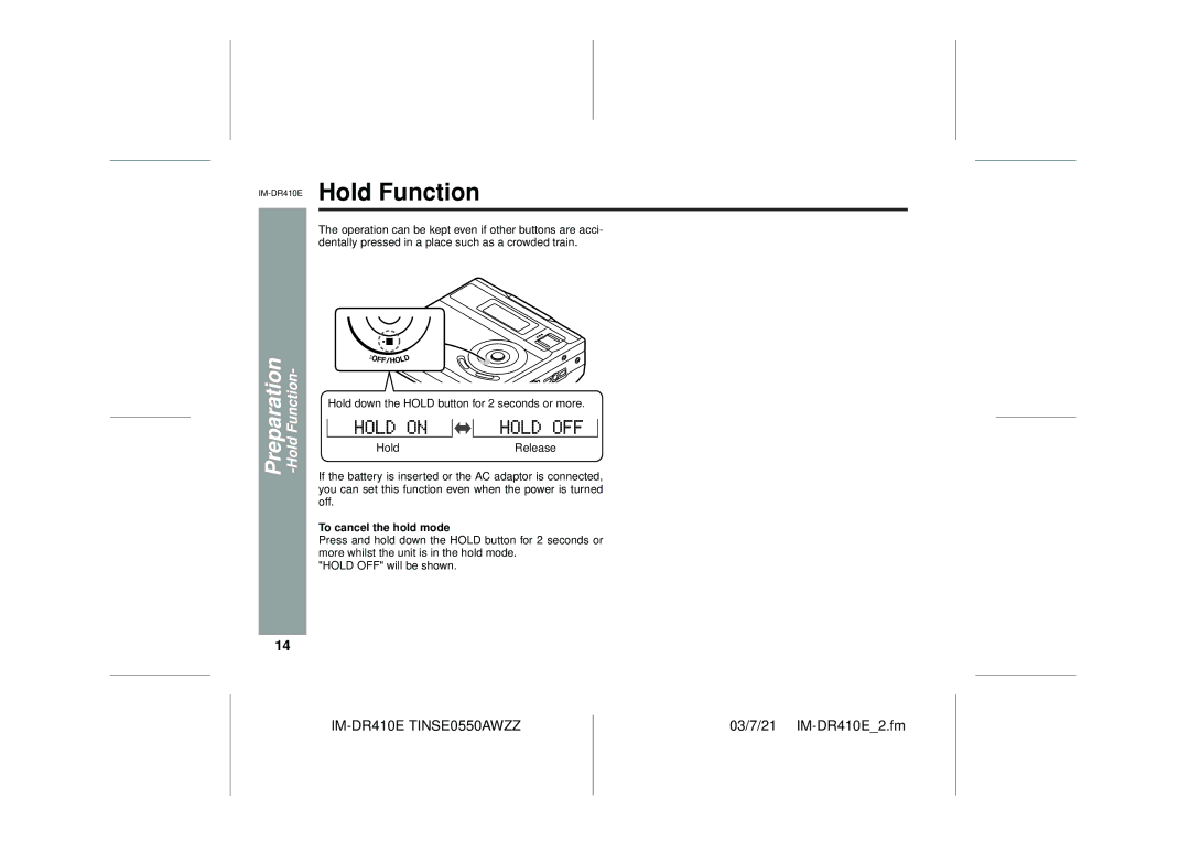 Sharp operation manual IM-DR410EHold Function, Preparation -Hold Function, To cancel the hold mode 