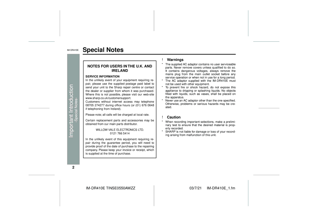 Sharp IM-DR410E operation manual Special Notes 