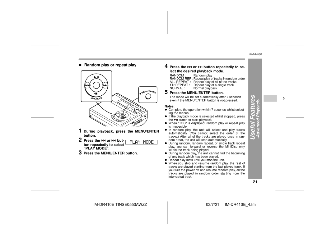 Sharp IM-DR410E operation manual Random play or repeat play 