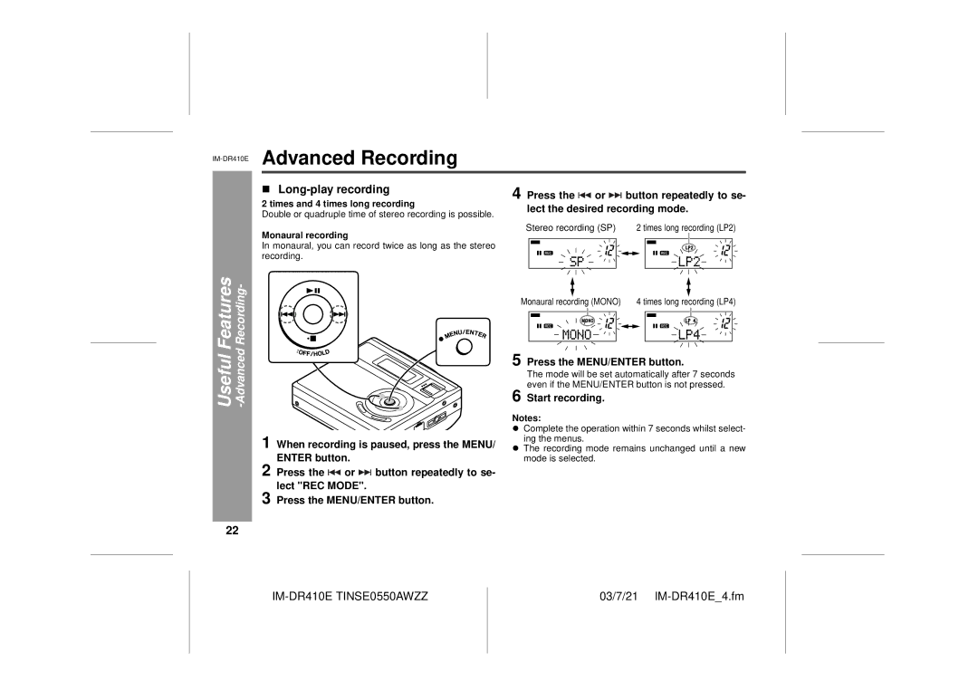 Sharp IM-DR410E operation manual Useful Features -Advanced Recording, Long-play recording, Start recording 