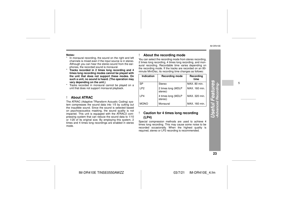 Sharp IM-DR410E operation manual About Atrac, About the recording mode, LP4, Indication Recording mode 