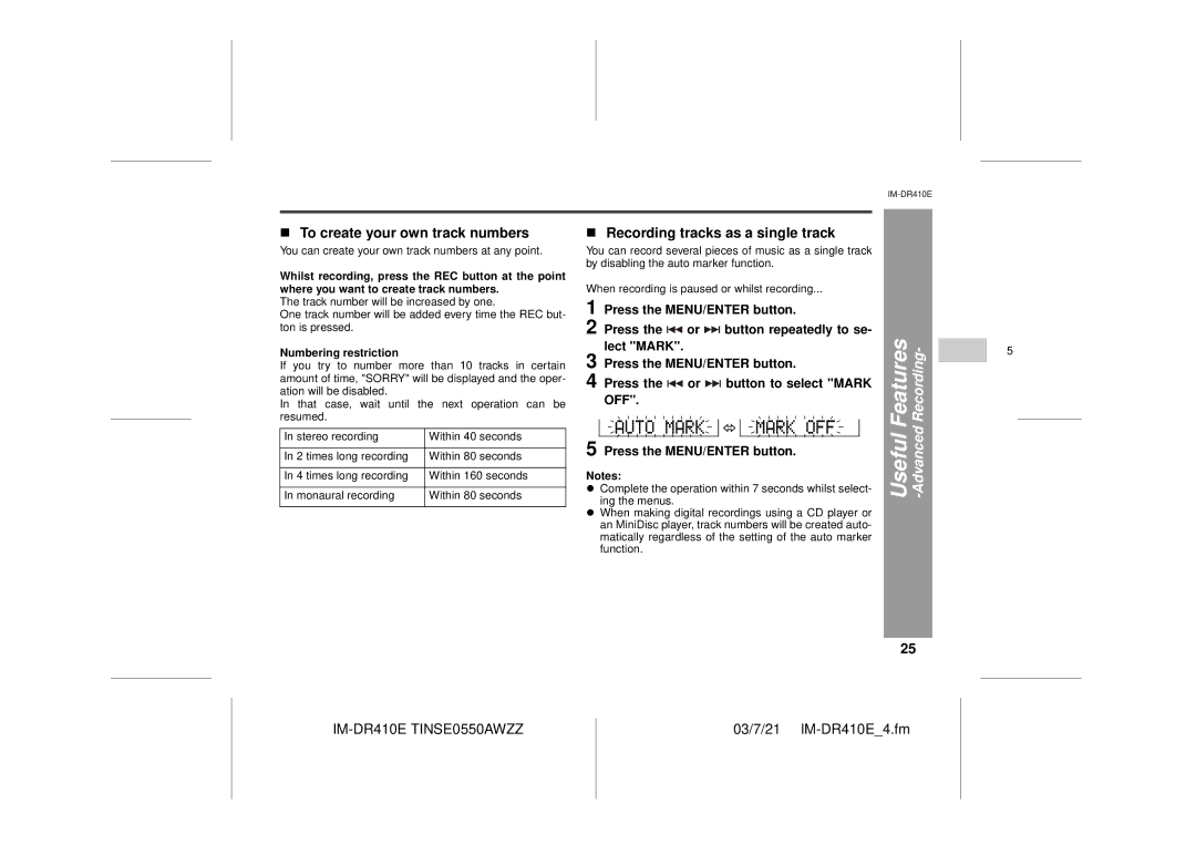 Sharp IM-DR410E To create your own track numbers, Recording tracks as a single track, Numbering restriction 