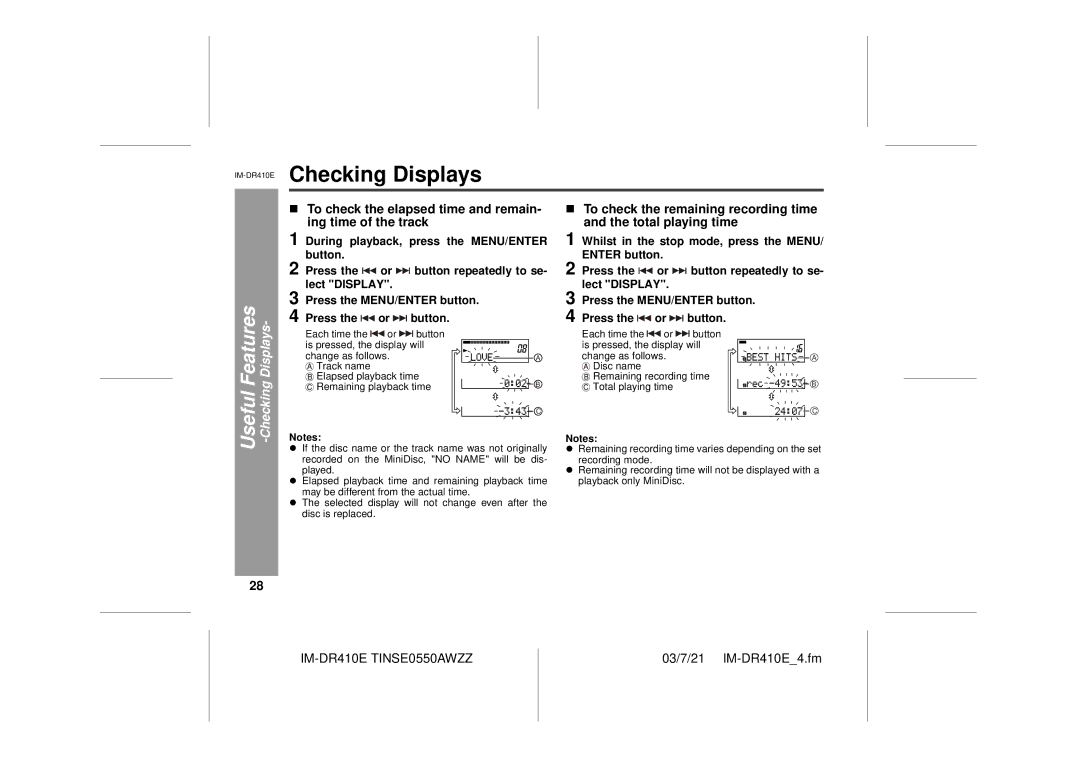 Sharp operation manual IM-DR410EChecking Displays, To check the elapsed time and remain- ing time of the track 