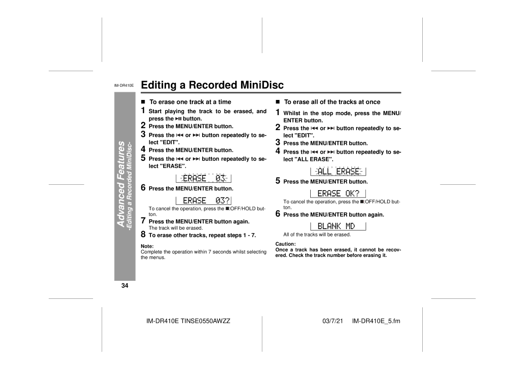 Sharp IM-DR410E Editing a Recorded MiniDisc, To erase one track at a time, To erase all of the tracks at once 