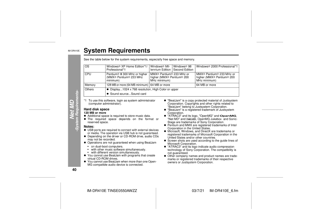 Sharp IM-DR410E operation manual Net MD -System Requirements, Hard disk space, MB or more 