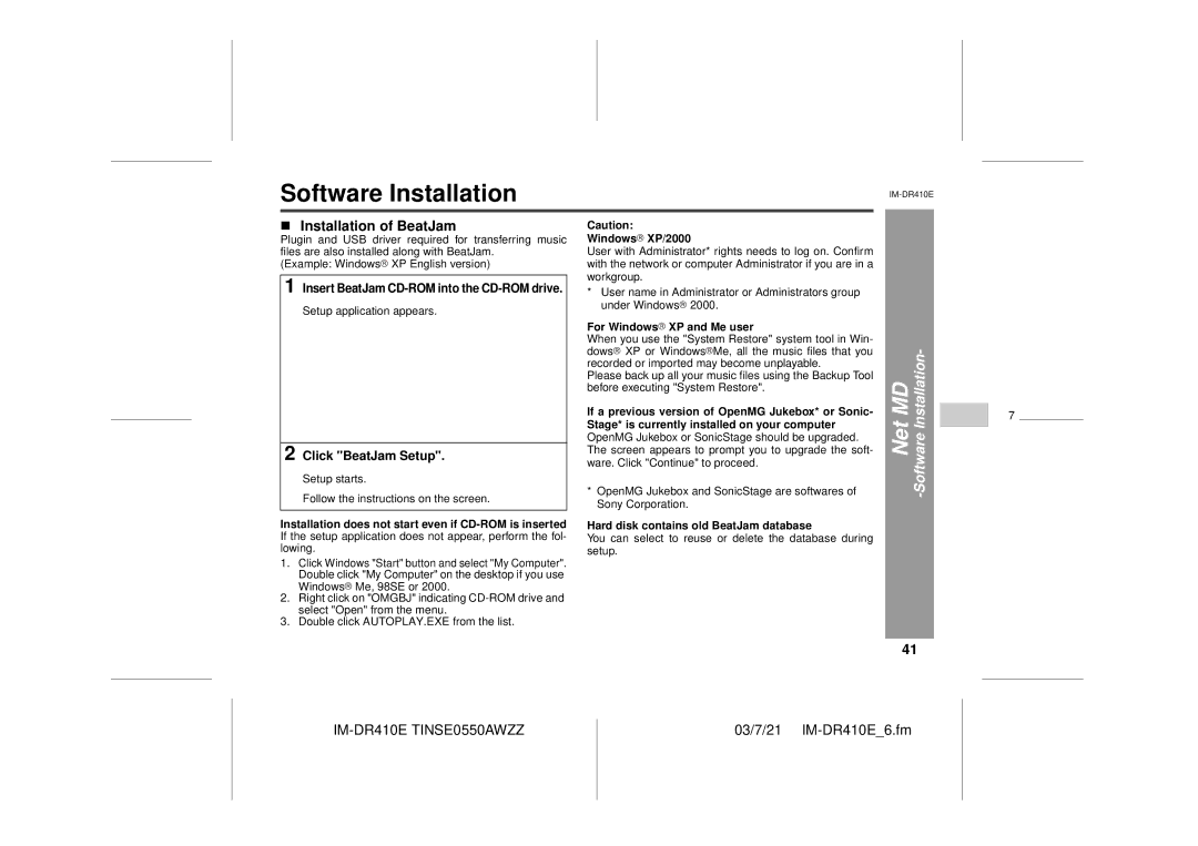 Sharp IM-DR410E operation manual Installation of BeatJam, Net MD -Software Installation, Click BeatJam Setup 