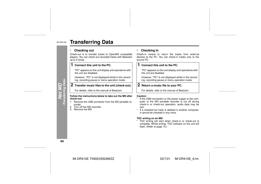 Sharp IM-DR410E operation manual Checking out, Net MD -Transferring Data 