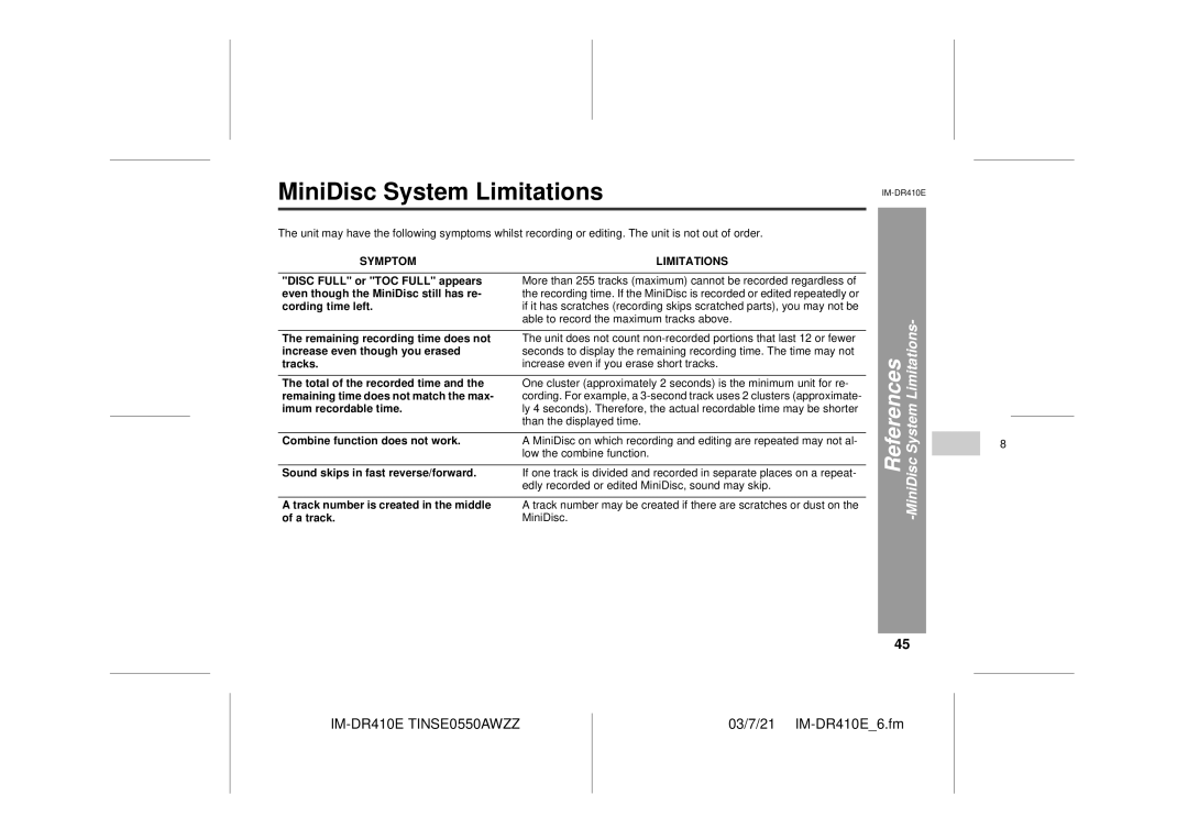 Sharp IM-DR410E operation manual MiniDisc System Limitations 