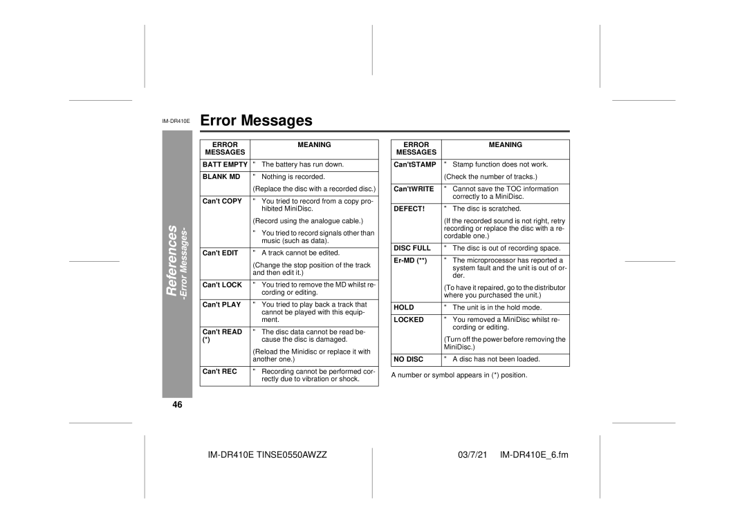 Sharp IM-DR410E operation manual Error Messages 