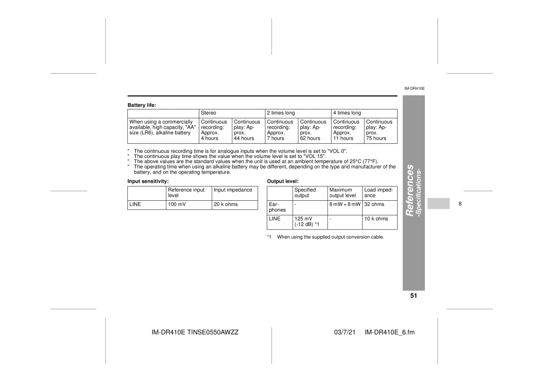 Sharp IM-DR410E operation manual Battery life, Input sensitivity, Output level 