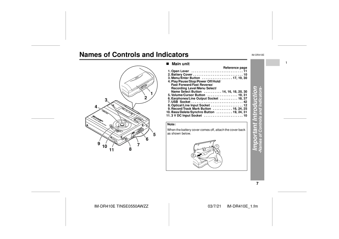 Sharp IM-DR410E operation manual Main unit, Important Introduction -Names of Controls and Indicators 