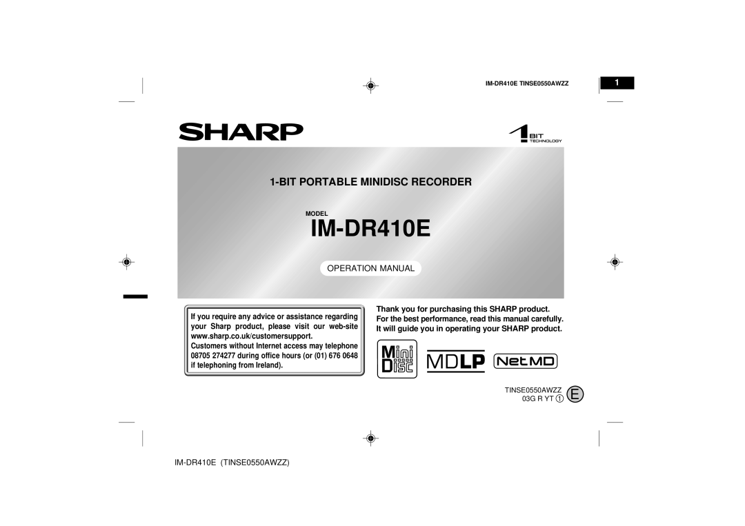 Sharp operation manual Bitportable Minidisc Recorder, IM-DR410ETINSE0550AWZZ 
