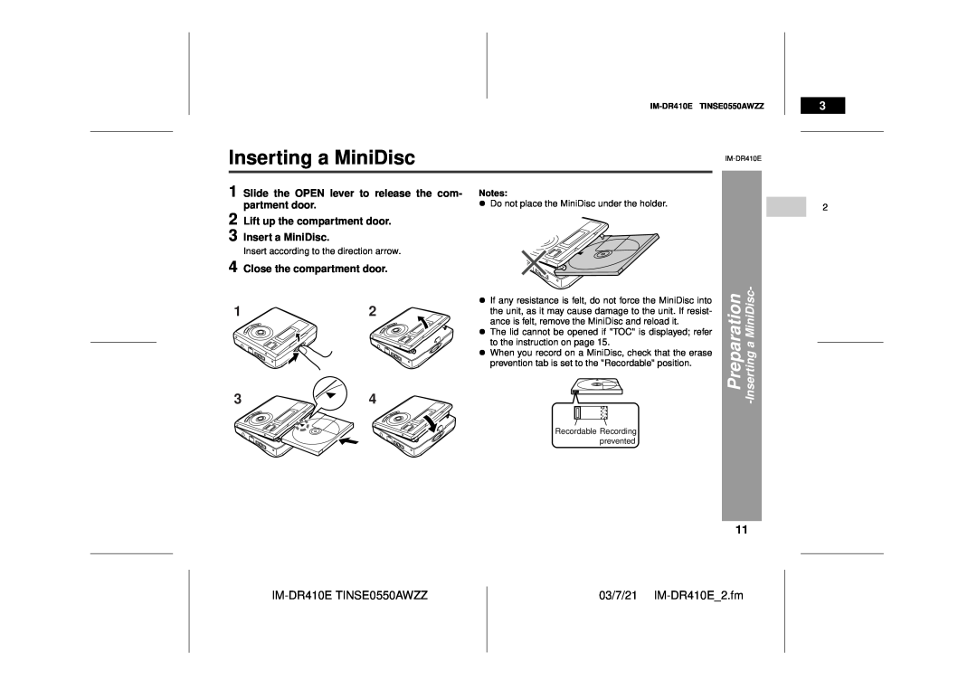 Sharp IM-DR410E Inserting a MiniDisc, Preparation, Insertinga MiniDisc, Lift up the compartment door, Insert a MiniDisc 