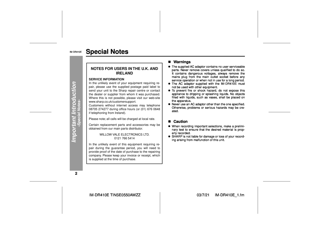 Sharp IM-DR410E Special Notes, Important Introduction, SpecialNotes, Notes For Users In The U.K. And Ireland, Warnings 