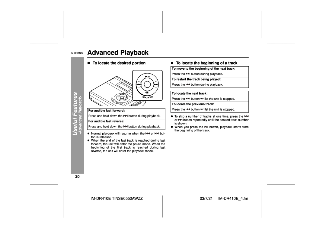 Sharp IM-DR410E operation manual Advanced Playback, Useful Features -AdvancedPlayback, To locate the desired portion 
