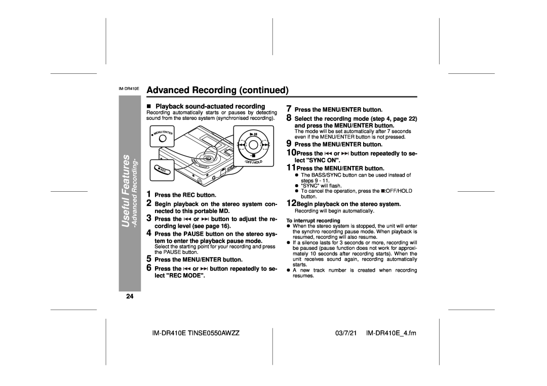 Sharp IM-DR410E Advanced Recording continued, Playback sound-actuatedrecording, Press the MENU/ENTER button 