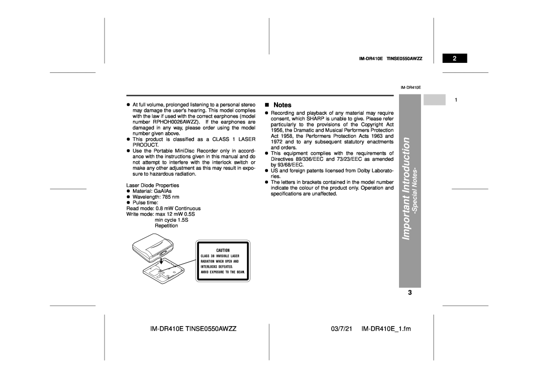 Sharp operation manual Important Introduction, SpecialNotes, IM-DR410ETINSE0550AWZZ, 03/7/21 IM-DR410E 1.fm 