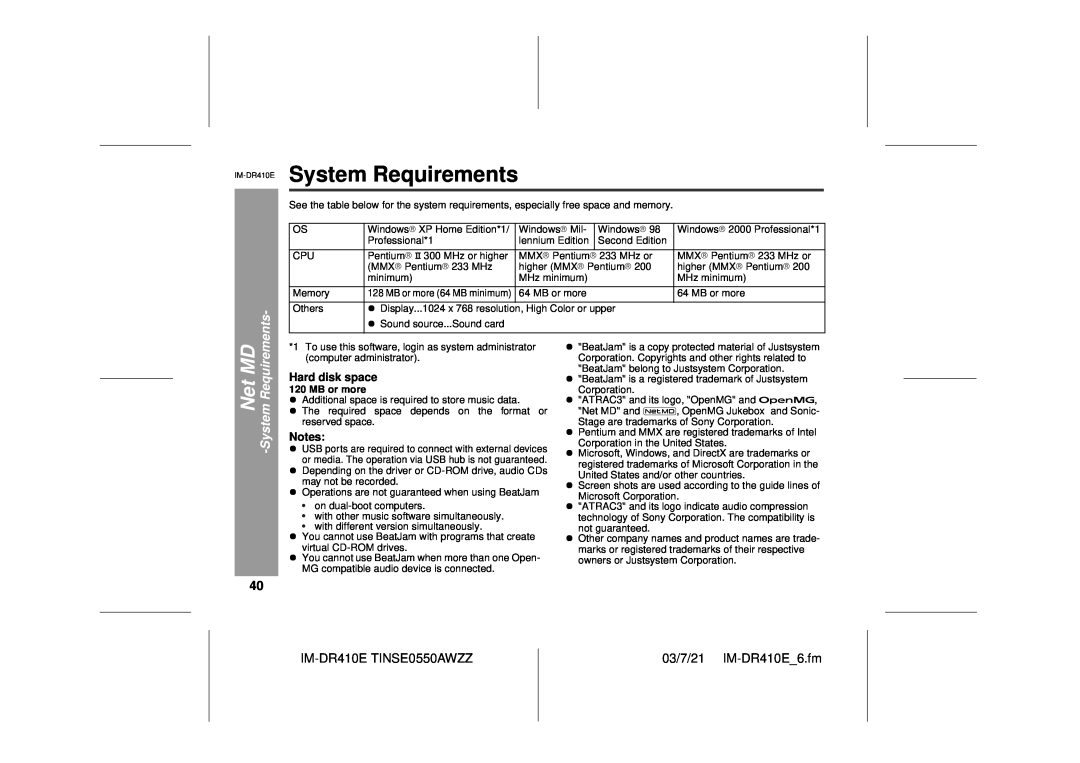 Sharp System Requirements, Net MD -SystemRequirements, Hard disk space, MB or more, IM-DR410ETINSE0550AWZZ 
