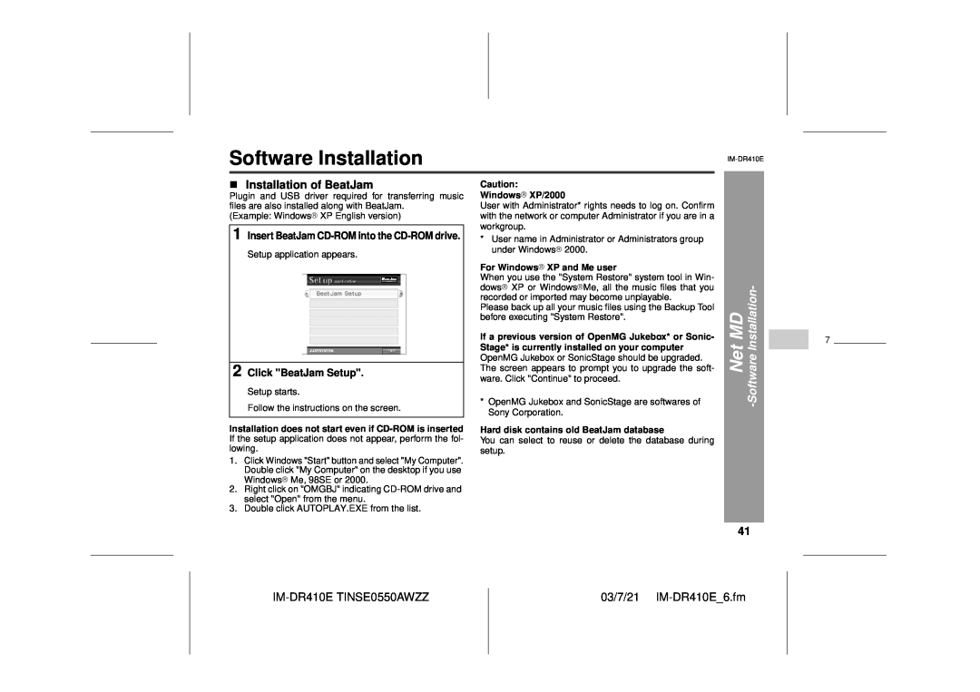 Sharp IM-DR410E Software Installation, Installation of BeatJam, Net MD -SoftwareInstallation, Click BeatJam Setup 