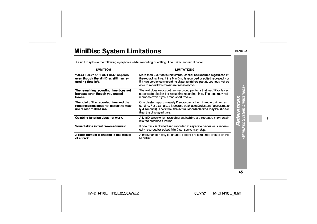 Sharp IM-DR410E MiniDisc System Limitations, References, MiniDiscSystem Limitations, Symptom, cording time left, tracks 