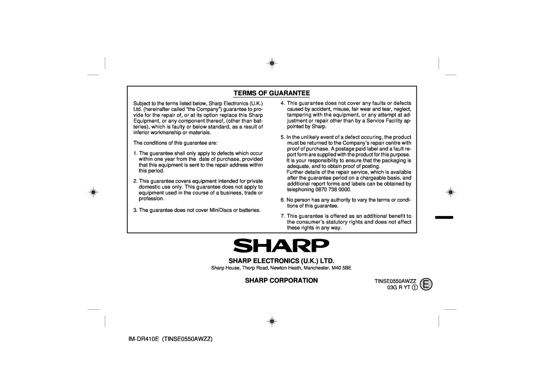 Sharp operation manual Terms Of Guarantee, Sharp Corporation, IM-DR410ETINSE0550AWZZ 