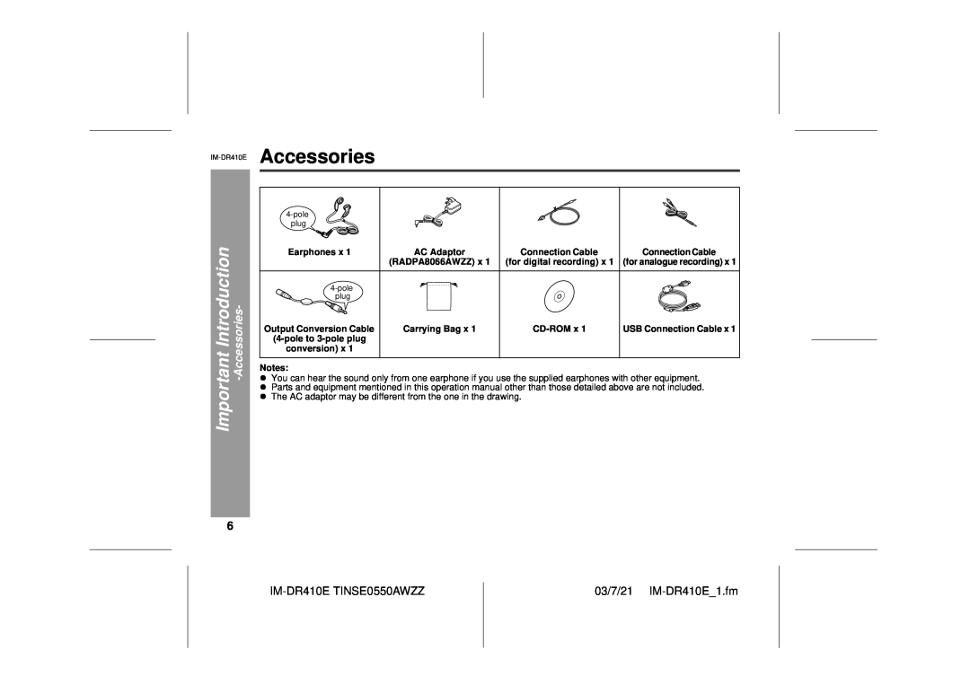 Sharp operation manual Accessories, Important Introduction, IM-DR410ETINSE0550AWZZ, 03/7/21 IM-DR410E 1.fm 