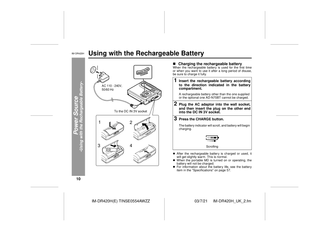 Sharp IM-DR420H operation manual Power Source -Using with the Rechargeable Battery, Charging the rechargeable battery 