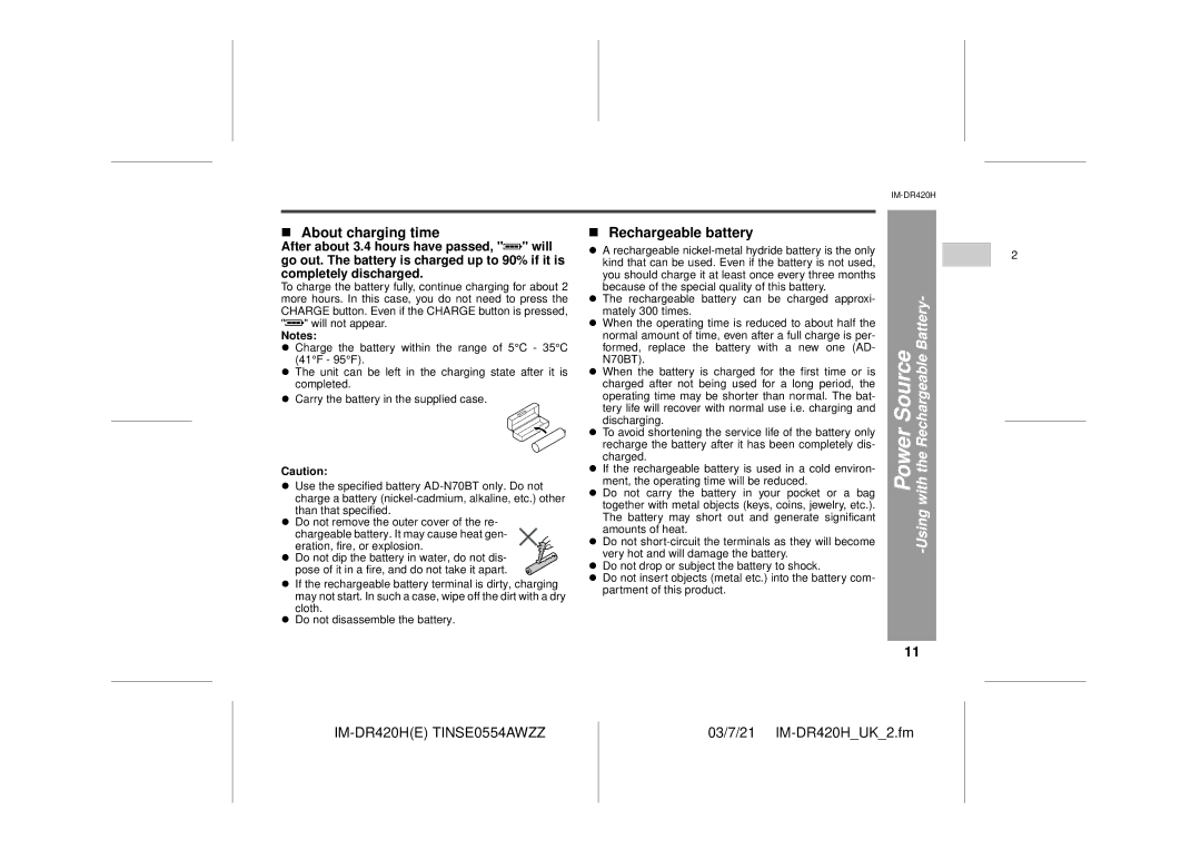 Sharp IM-DR420H operation manual About charging time, Rechargeable battery 