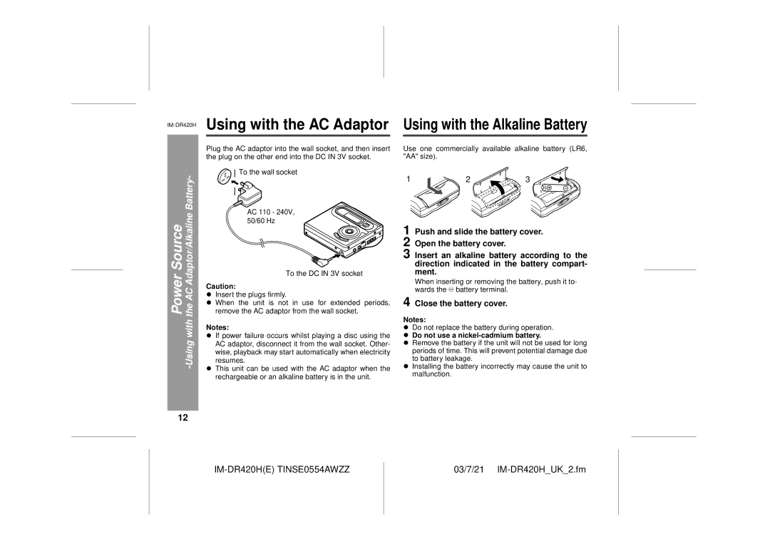 Sharp IM-DR420H operation manual Power Source -Using with the AC Adaptor/Alkaline Battery, Close the battery cover 