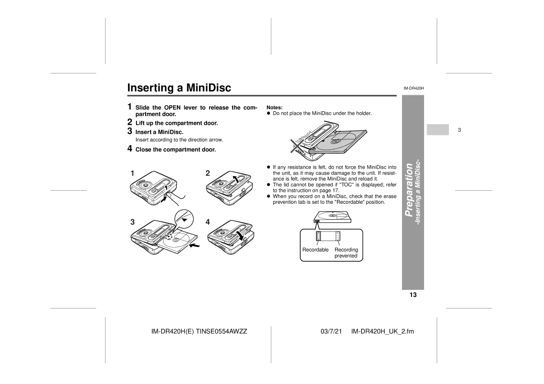 Sharp IM-DR420H operation manual Inserting a MiniDisc, Insertinga MiniDisc, Close the compartment door 