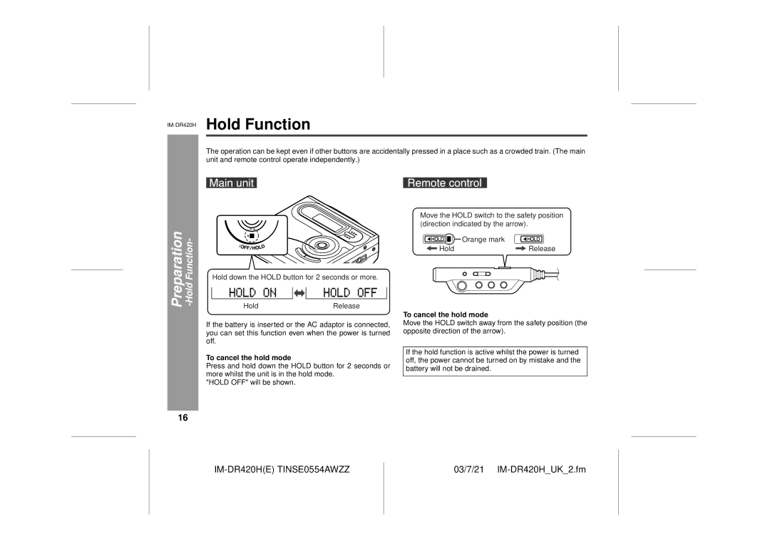 Sharp operation manual IM-DR420HHold Function, To cancel the hold mode 