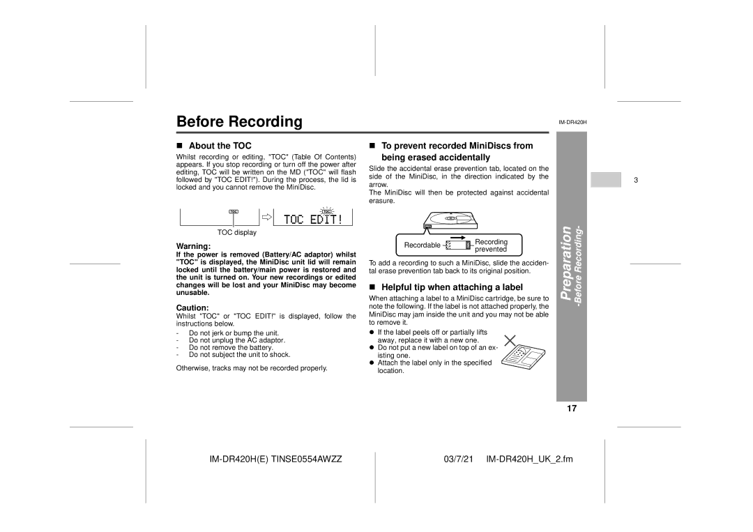 Sharp IM-DR420H operation manual Before Recording, About the TOC, Helpful tip when attaching a label 