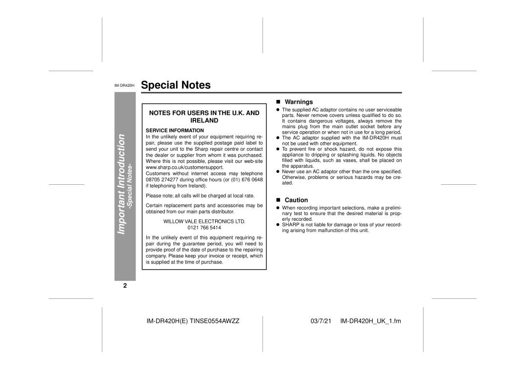 Sharp IM-DR420H operation manual Special Notes 