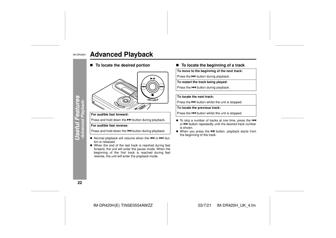 Sharp IM-DR420H Useful Features -Advanced Playback, To locate the desired portion, To locate the beginning of a track 