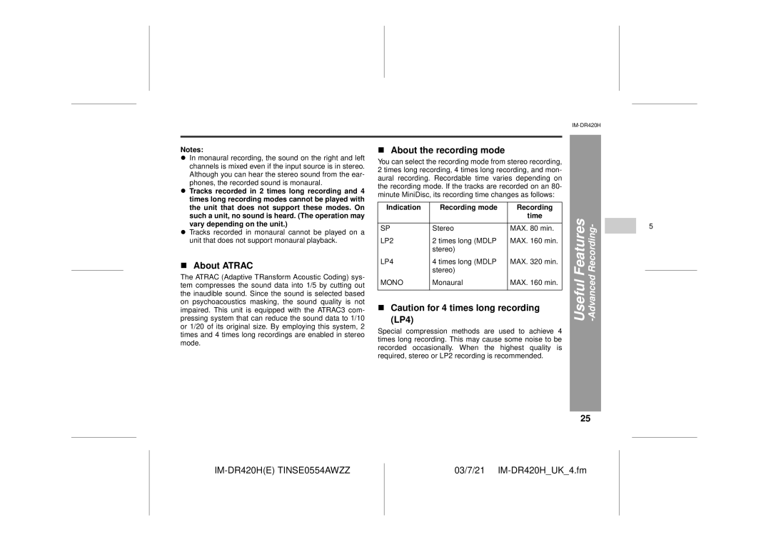 Sharp IM-DR420H operation manual About Atrac, About the recording mode, LP4, Indication Recording mode 