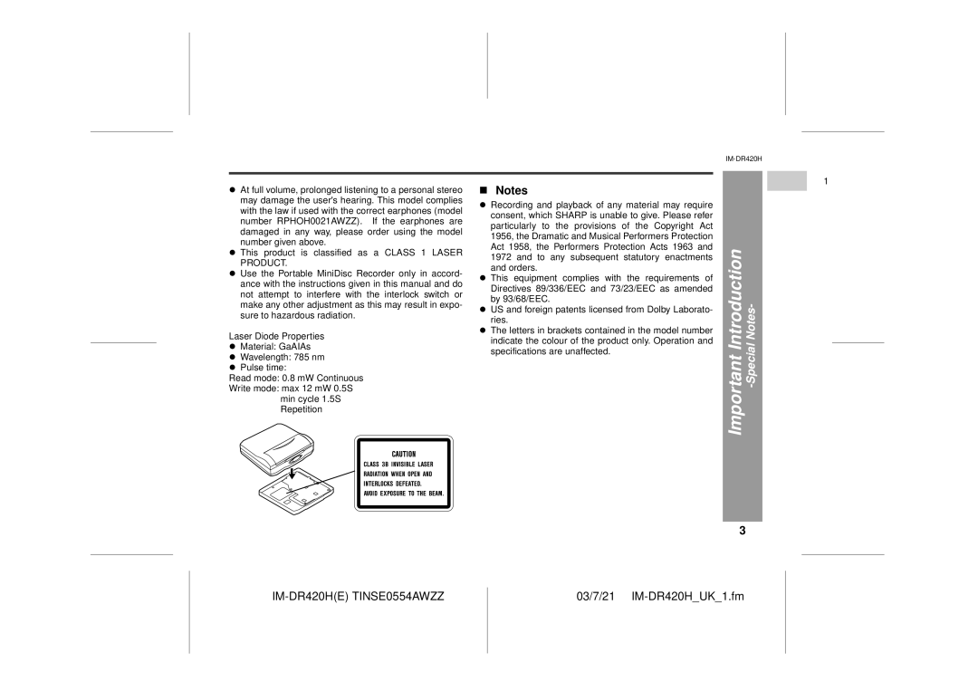 Sharp IM-DR420H operation manual Important Introduction 