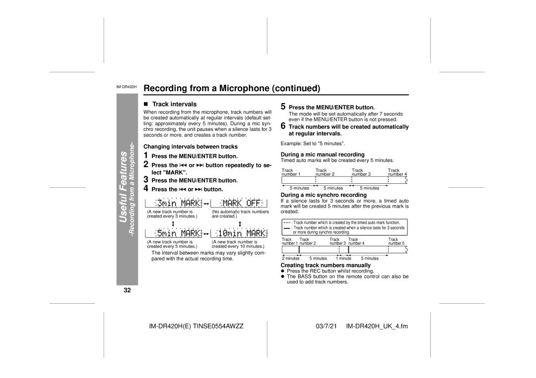 Sharp IM-DR420H operation manual Track intervals, During a mic manual recording, During a mic synchro recording 