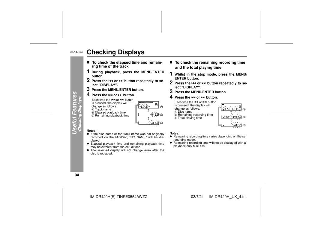 Sharp IM-DR420H operation manual Checking Displays, To check the elapsed time and remain- ing time of the track 
