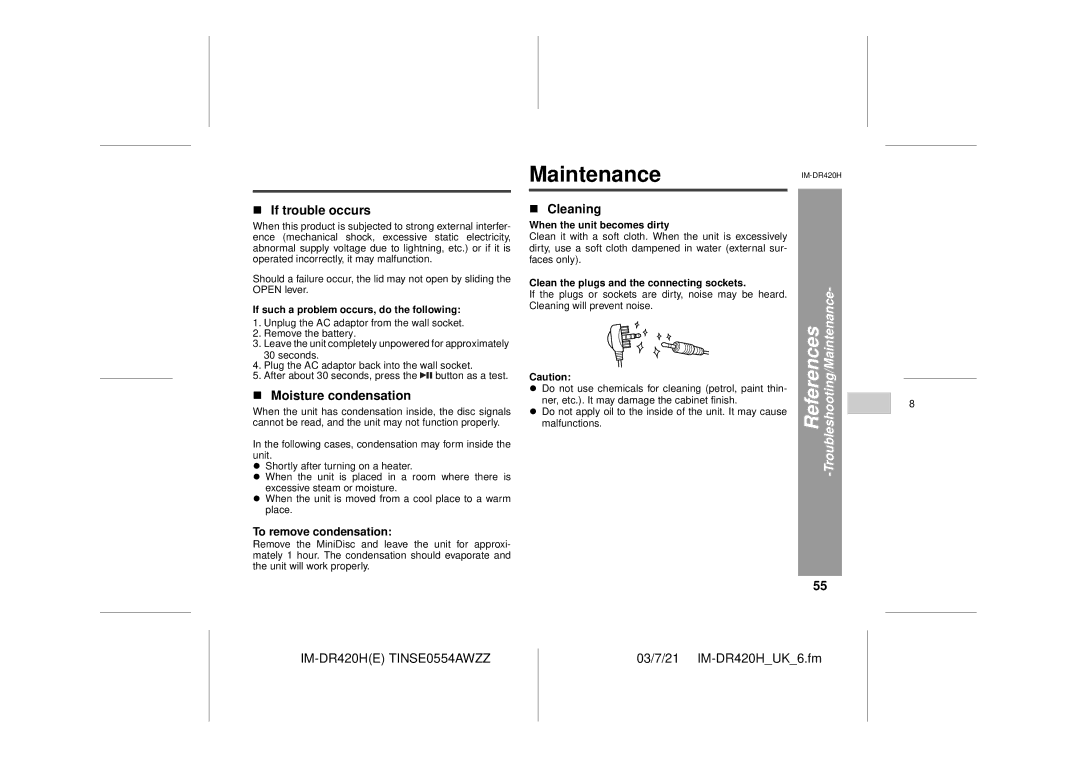 Sharp IM-DR420H operation manual If trouble occurs, Moisture condensation, Cleaning, Troubleshooting/Maintenance 