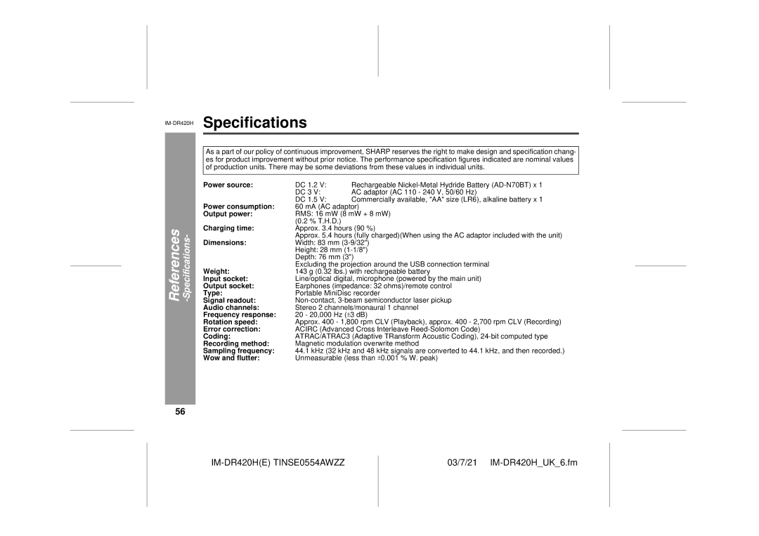 Sharp IM-DR420H operation manual Specifications 