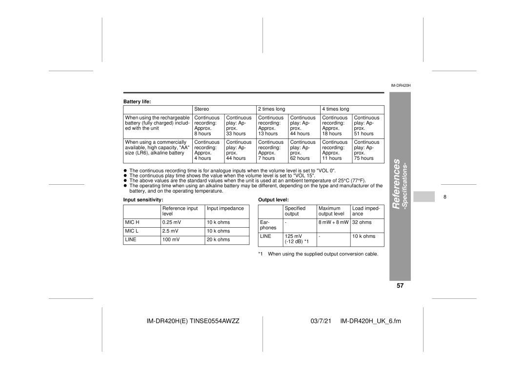 Sharp IM-DR420H operation manual Battery life, Input sensitivity, Output level 