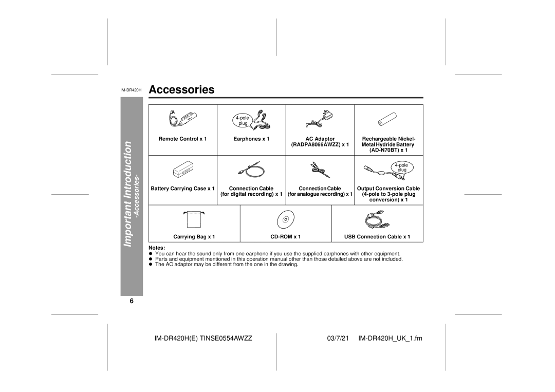 Sharp IM-DR420H operation manual Accessories, Metal Hydride Battery, Carrying Bag x CD-ROM x USB Connection Cable x 