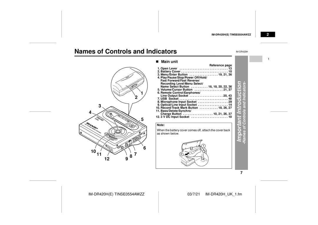 Sharp IM-DR420H operation manual Main unit, Important Introduction -Names of Controls and Indicators 