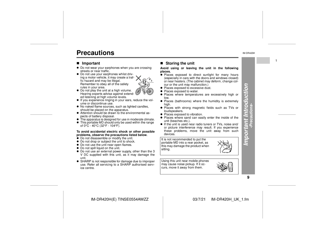 Sharp IM-DR420H operation manual Precautions, Storing the unit, Avoid using or leaving the unit in the following places 